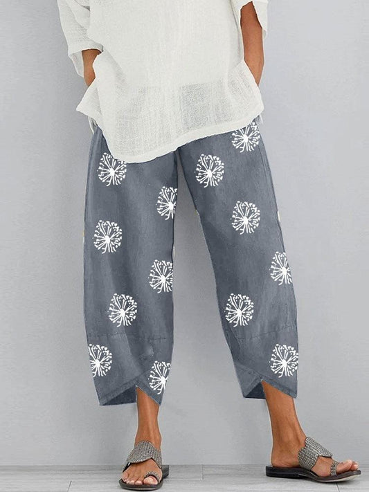 Loose dandelion print elastic waist pocket pants