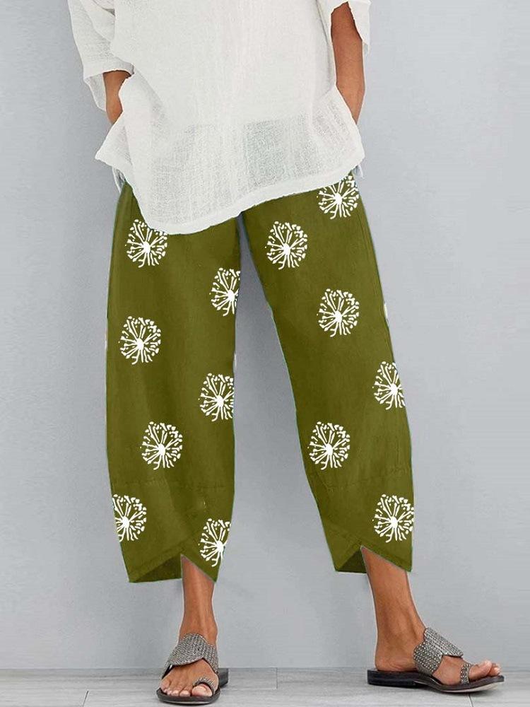 Loose dandelion print elastic waist pocket pants