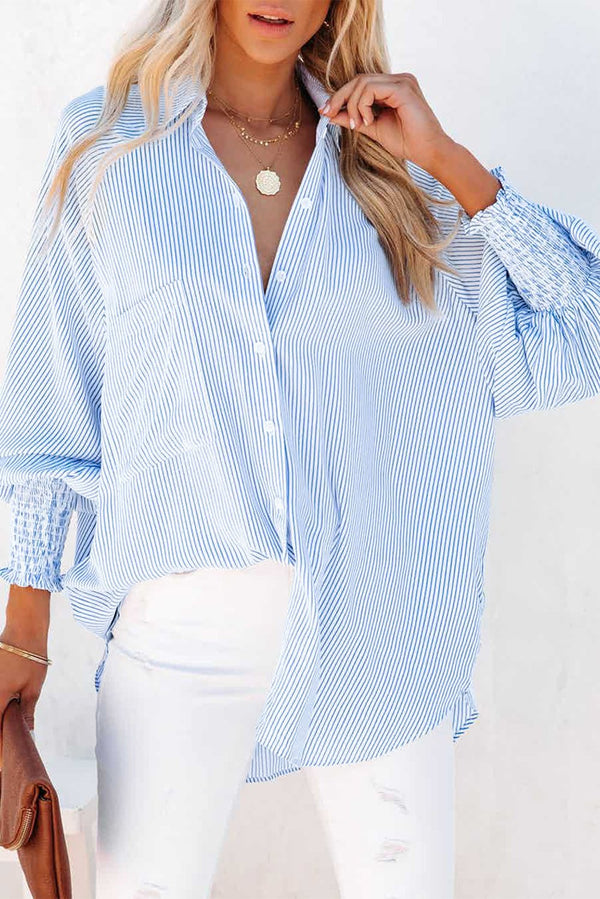 🔥Mid-length smocked shirt with striped lapel and oversized drawdown sleeves🏆️