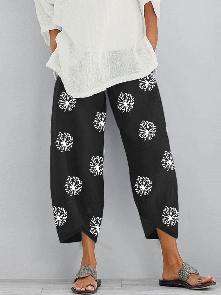 Loose dandelion print elastic waist pocket pants