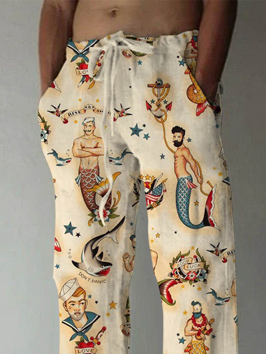 Men's Mermaid Sailor Print  Loose Fit Pants