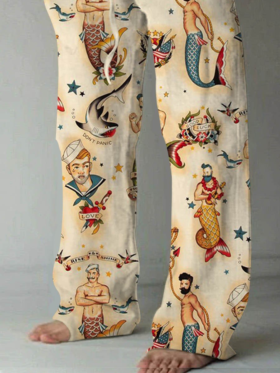 Men's Mermaid Sailor Print  Loose Fit Pants