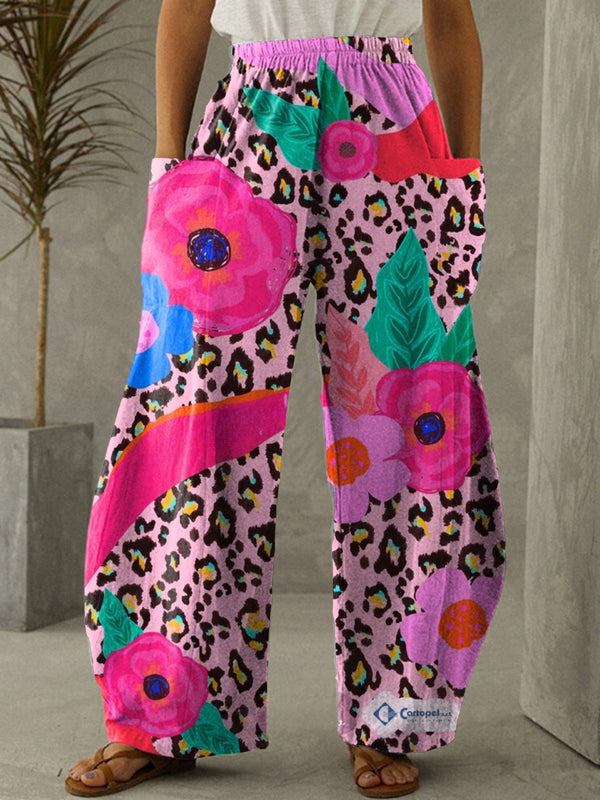 Women's Pink Floral Art Painting Elastic Waist Wide Leg Pants Long Pants Casual Pants