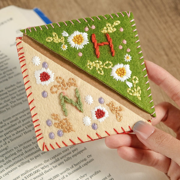 Personalized hand embroidered corner bookmark