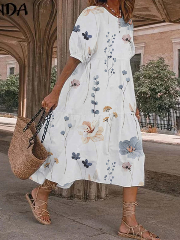 Round Neck Floral Printed Midi Dress