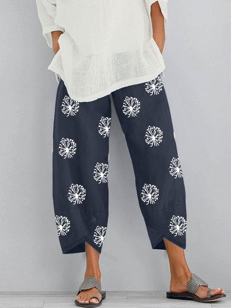 Loose dandelion print elastic waist pocket pants