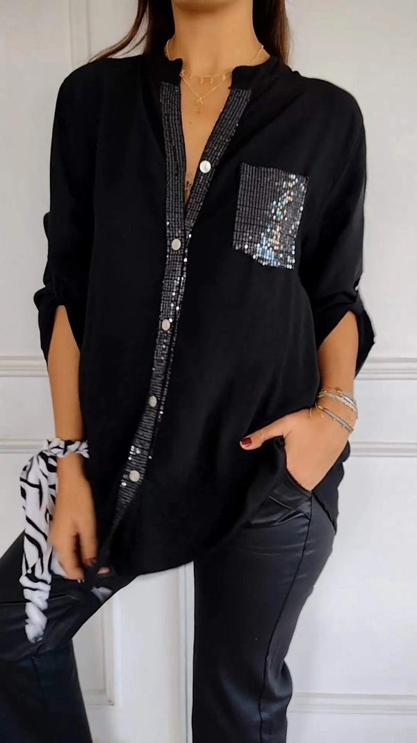 Polyester V-neck Sequin Mid-sleeve Casual Top