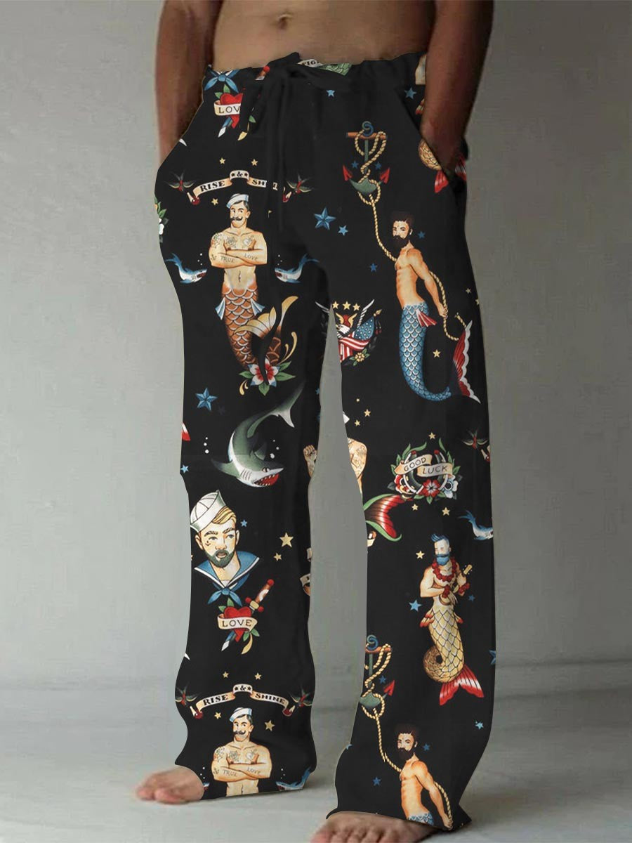 Men's Mermaid Sailor Print  Loose Fit Pants