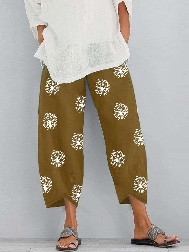 Loose dandelion print elastic waist pocket pants